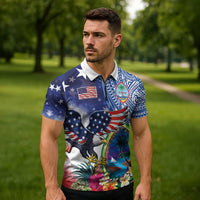 Guam and United States Together Zipper Polo Shirt Bald Eagle and Guam Seal with Flower and Tribal Tattoos - undefined
