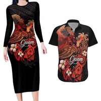 Guam Tribal Chamorro Couples Matching Long Sleeve Bodycon Dress and Hawaiian Shirt Polynesian Shark with Plumeria and Sea Vibe LT03 Black - Polynesian Pride