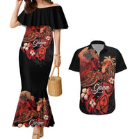 Guam Tribal Chamorro Couples Matching Mermaid Dress and Hawaiian Shirt Polynesian Shark with Plumeria and Sea Vibe LT03 Black - Polynesian Pride