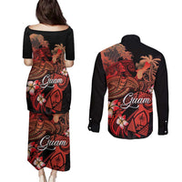 Guam Tribal Chamorro Couples Matching Puletasi and Long Sleeve Button Shirt Polynesian Shark with Plumeria and Sea Vibe - Polynesian Pride