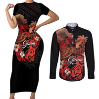Guam Tribal Chamorro Couples Matching Short Sleeve Bodycon Dress and Long Sleeve Button Shirt Polynesian Shark with Plumeria and Sea Vibe LT03 Black - Polynesian Pride