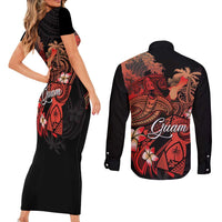 Guam Tribal Chamorro Couples Matching Short Sleeve Bodycon Dress and Long Sleeve Button Shirt Polynesian Shark with Plumeria and Sea Vibe LT03 - Polynesian Pride