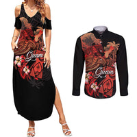 Guam Tribal Chamorro Couples Matching Summer Maxi Dress and Long Sleeve Button Shirt Polynesian Shark with Plumeria and Sea Vibe LT03 Black - Polynesian Pride
