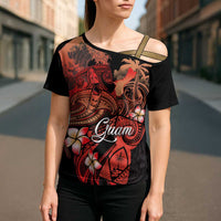 Guam Tribal Chamorro Cross Shoulder Shirt Polynesian Shark with Plumeria and Sea Vibe - Polynesian Pride