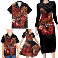 Guam Tribal Chamorro Family Matching Long Sleeve Bodycon Dress and Hawaiian Shirt Polynesian Shark with Plumeria and Sea Vibe - Polynesian Pride