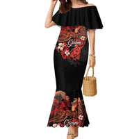 Guam Tribal Chamorro Family Matching Mermaid Dress and Hawaiian Shirt Polynesian Shark with Plumeria and Sea Vibe LT03 Mom's Dress Black - Polynesian Pride