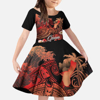 Guam Tribal Chamorro Family Matching Off The Shoulder Long Sleeve Dress and Hawaiian Shirt Polynesian Shark with Plumeria and Sea Vibe LT03 Daughter's Dress Black - Polynesian Pride