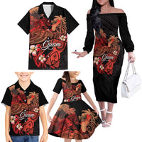Guam Tribal Chamorro Family Matching Off The Shoulder Long Sleeve Dress and Hawaiian Shirt Polynesian Shark with Plumeria and Sea Vibe LT03 - Polynesian Pride