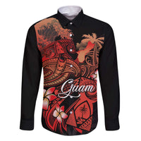 Guam Tribal Chamorro Family Matching Off The Shoulder Long Sleeve Dress and Hawaiian Shirt Polynesian Shark with Plumeria and Sea Vibe LT03 Dad's Shirt - Long Sleeve Black - Polynesian Pride