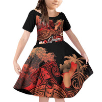 Guam Tribal Chamorro Family Matching Off Shoulder Short Dress and Hawaiian Shirt Polynesian Shark with Plumeria and Sea Vibe LT03 Daughter's Dress Black - Polynesian Pride
