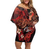 Guam Tribal Chamorro Family Matching Off Shoulder Short Dress and Hawaiian Shirt Polynesian Shark with Plumeria and Sea Vibe LT03 Mom's Dress Black - Polynesian Pride