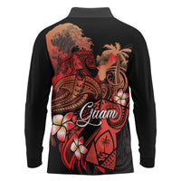 Guam Tribal Chamorro Long Sleeve Polo Shirt Polynesian Shark with Plumeria and Sea Vibe - Polynesian Pride