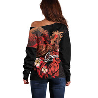 Guam Tribal Chamorro Off Shoulder Sweater Polynesian Shark with Plumeria and Sea Vibe - Polynesian Pride