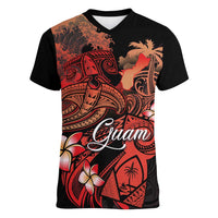 Guam Tribal Chamorro Women V-Neck T-Shirt Polynesian Shark with Plumeria and Sea Vibe LT03 Female Black - Polynesian Pride