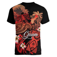 Guam Tribal Chamorro Women V-Neck T-Shirt Polynesian Shark with Plumeria and Sea Vibe - Polynesian Pride