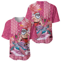 Hawaii Mele Kalikimaka Baseball Jersey Funny Santa with Tribal Tattoos Kakau Pink Color - Polynesian Pride