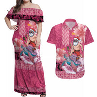 Hawaii Mele Kalikimaka Couples Matching Off Shoulder Maxi Dress and Hawaiian Shirt Funny Santa with Tribal Tattoos Kakau Pink Color LT03 Pink - Polynesian Pride