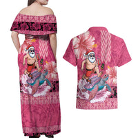 Hawaii Mele Kalikimaka Couples Matching Off Shoulder Maxi Dress and Hawaiian Shirt Funny Santa with Tribal Tattoos Kakau Pink Color LT03 - Polynesian Pride