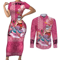Hawaii Mele Kalikimaka Couples Matching Short Sleeve Bodycon Dress and Long Sleeve Button Shirt Funny Santa with Tribal Tattoos Kakau Pink Color LT03 Pink - Polynesian Pride
