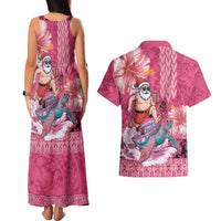 Hawaii Mele Kalikimaka Couples Matching Tank Maxi Dress and Hawaiian Shirt Funny Santa with Tribal Tattoos Kakau Pink Color - Polynesian Pride