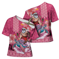 Hawaii Mele Kalikimaka Cross Shoulder Shirt Funny Santa with Tribal Tattoos Kakau Pink Color - Polynesian Pride