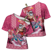 Hawaii Mele Kalikimaka Cross Shoulder Shirt Funny Santa with Tribal Tattoos Kakau Pink Color LT03 - Polynesian Pride