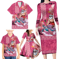 Hawaii Mele Kalikimaka Family Matching Long Sleeve Bodycon Dress and Hawaiian Shirt Funny Santa with Tribal Tattoos Kakau Pink Color LT03 - Polynesian Pride