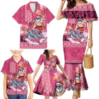 Hawaii Mele Kalikimaka Family Matching Mermaid Dress and Hawaiian Shirt Funny Santa with Tribal Tattoos Kakau Pink Color LT03 - Polynesian Pride