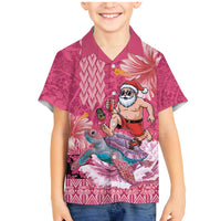 Hawaii Mele Kalikimaka Family Matching Mermaid Dress and Hawaiian Shirt Funny Santa with Tribal Tattoos Kakau Pink Color LT03 Son's Shirt Pink - Polynesian Pride