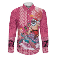 Hawaii Mele Kalikimaka Family Matching Off The Shoulder Long Sleeve Dress and Hawaiian Shirt Funny Santa with Tribal Tattoos Kakau Pink Color LT03 Dad's Shirt - Long Sleeve Pink - Polynesian Pride