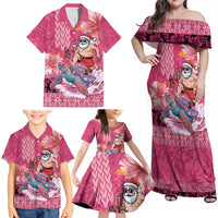 Hawaii Mele Kalikimaka Family Matching Off Shoulder Maxi Dress and Hawaiian Shirt Funny Santa with Tribal Tattoos Kakau Pink Color LT03 - Polynesian Pride