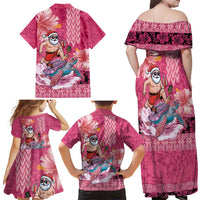 Hawaii Mele Kalikimaka Family Matching Off Shoulder Maxi Dress and Hawaiian Shirt Funny Santa with Tribal Tattoos Kakau Pink Color LT03 - Polynesian Pride