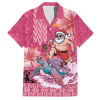 Hawaii Mele Kalikimaka Family Matching Off Shoulder Maxi Dress and Hawaiian Shirt Funny Santa with Tribal Tattoos Kakau Pink Color LT03 Dad's Shirt - Short Sleeve Pink - Polynesian Pride