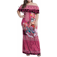 Hawaii Mele Kalikimaka Family Matching Off Shoulder Maxi Dress and Hawaiian Shirt Funny Santa with Tribal Tattoos Kakau Pink Color LT03 Mom's Dress Pink - Polynesian Pride