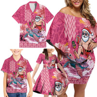Hawaii Mele Kalikimaka Family Matching Off Shoulder Short Dress and Hawaiian Shirt Funny Santa with Tribal Tattoos Kakau Pink Color LT03 - Polynesian Pride