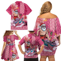 Hawaii Mele Kalikimaka Family Matching Off Shoulder Short Dress and Hawaiian Shirt Funny Santa with Tribal Tattoos Kakau Pink Color LT03 - Polynesian Pride