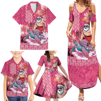 Hawaii Mele Kalikimaka Family Matching Summer Maxi Dress and Hawaiian Shirt Funny Santa with Tribal Tattoos Kakau Pink Color LT03 - Polynesian Pride