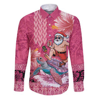 Hawaii Mele Kalikimaka Family Matching Summer Maxi Dress and Hawaiian Shirt Funny Santa with Tribal Tattoos Kakau Pink Color LT03 Dad's Shirt - Long Sleeve Pink - Polynesian Pride