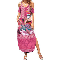Hawaii Mele Kalikimaka Family Matching Summer Maxi Dress and Hawaiian Shirt Funny Santa with Tribal Tattoos Kakau Pink Color LT03 Mom's Dress Pink - Polynesian Pride
