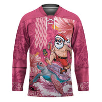 Hawaii Mele Kalikimaka Hockey Jersey Funny Santa with Tribal Tattoos Kakau Pink Color LT03 Unisex Pink - Polynesian Pride