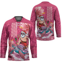 Hawaii Mele Kalikimaka Hockey Jersey Funny Santa with Tribal Tattoos Kakau Pink Color - Polynesian Pride