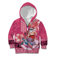 Hawaii Mele Kalikimaka Kid Hoodie Funny Santa with Tribal Tattoos Kakau Pink Color - Polynesian Pride