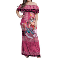 Hawaii Mele Kalikimaka Off Shoulder Maxi Dress Funny Santa with Tribal Tattoos Kakau Pink Color - Polynesian Pride