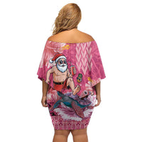 Hawaii Mele Kalikimaka Off Shoulder Short Dress Funny Santa with Tribal Tattoos Kakau Pink Color - Polynesian Pride