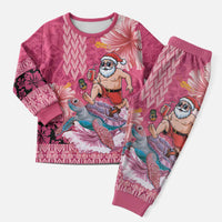 Hawaii Mele Kalikimaka Christmas Pajama Set Funny Santa with Tribal Tattoos Kakau Pink Color - Polynesian Pride