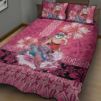 Hawaii Mele Kalikimaka Quilt Bed Set Funny Santa with Tribal Tattoos Kakau Pink Color - Polynesian Pride