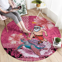 Hawaii Mele Kalikimaka Round Carpet Funny Santa with Tribal Tattoos Kakau Pink Color - Polynesian Pride