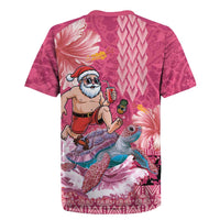 Hawaii Mele Kalikimaka Rugby Jersey Funny Santa with Tribal Tattoos Kakau Pink Color - Polynesian Pride