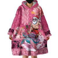 Hawaii Mele Kalikimaka Wearable Blanket Hoodie Funny Santa with Tribal Tattoos Kakau Pink Color - Polynesian Pride