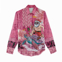 Hawaii Mele Kalikimaka Women Casual Shirt Funny Santa with Tribal Tattoos Kakau Pink Color - Polynesian Pride